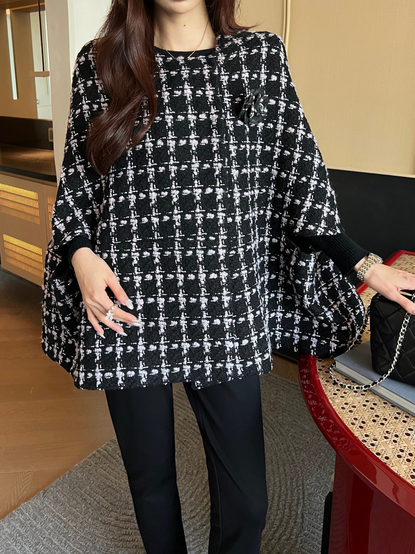 Woven Plaid Tweed Cape Coat