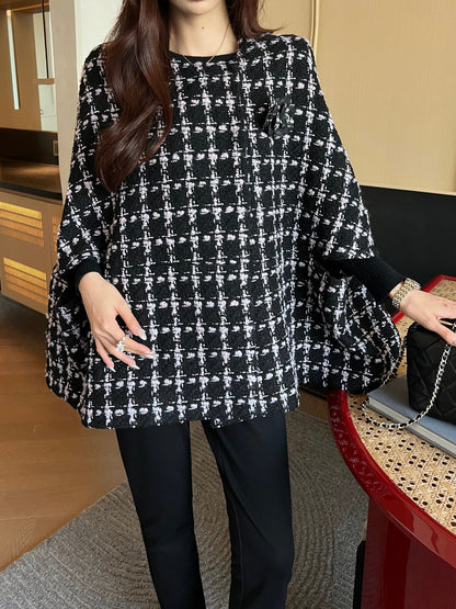 Woven Plaid Tweed Cape Coat