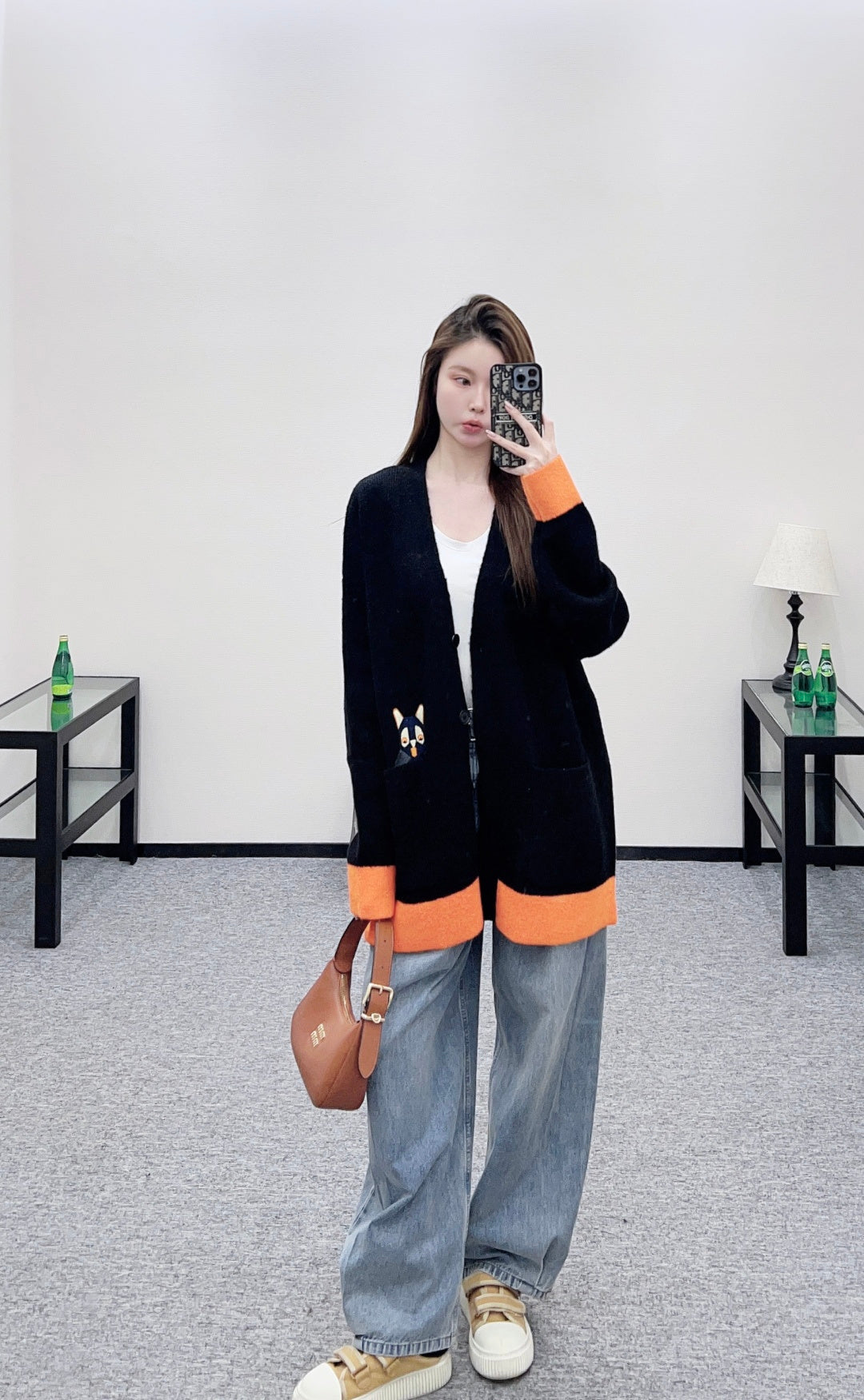 V-neck Color-blocked Cat Cardigan