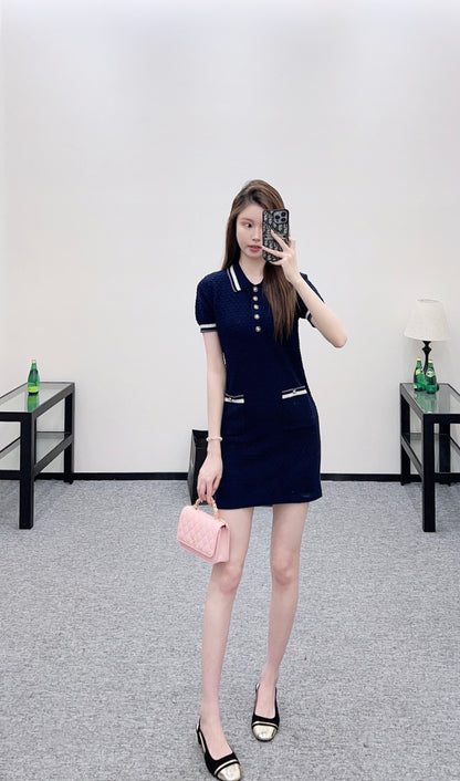 Collared Knit Short-Sleeve Dress