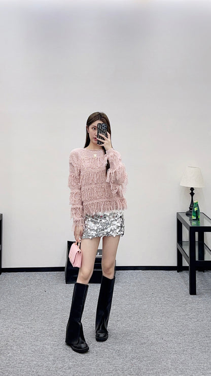 Tassel Layered Pullover Knit Sweater