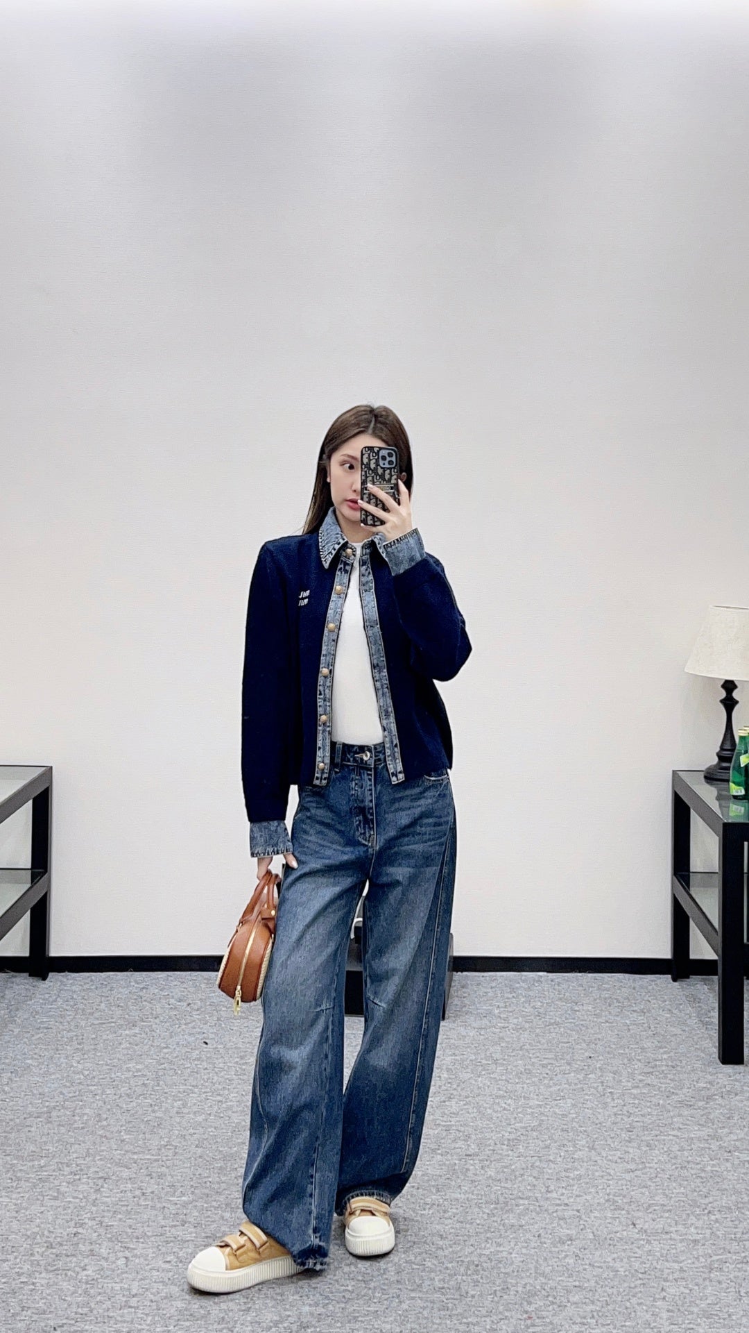 Denim Patchwork Collared Knit Cardigan