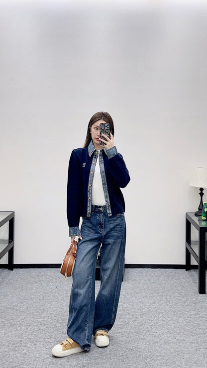 Denim Patchwork Collared Knit Cardigan