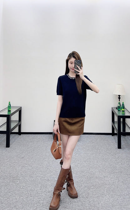 Rhinestone Knit Short-Sleeve Top
