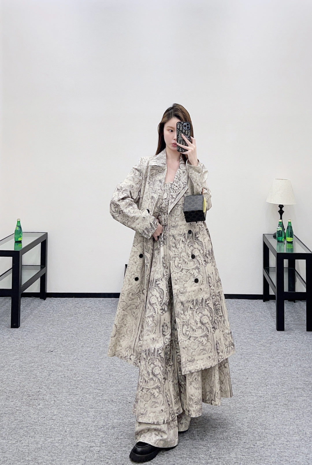 Printed Denim Long Coat