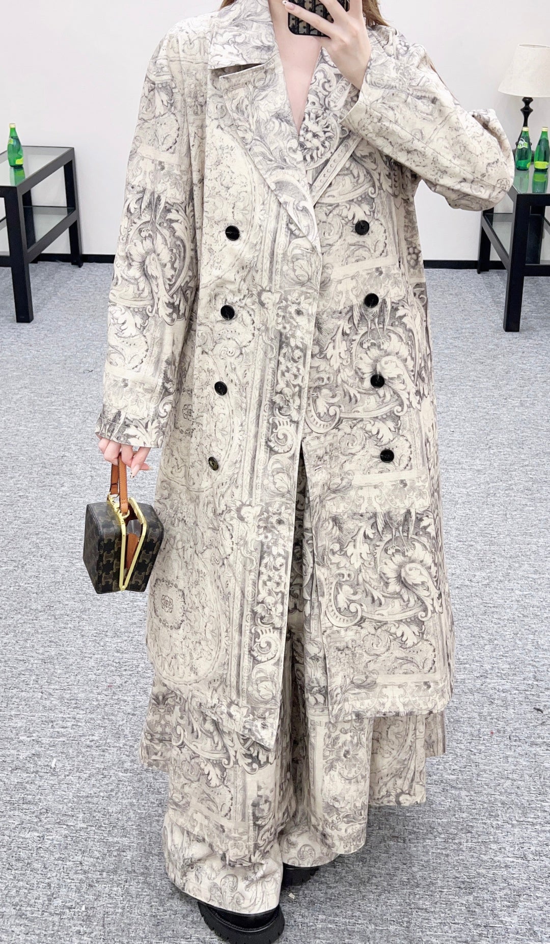 Printed Denim Long Coat