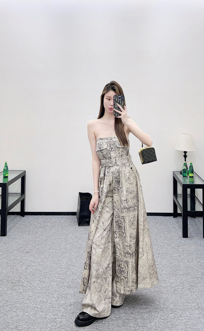 Printed Denim Strapless Dress
