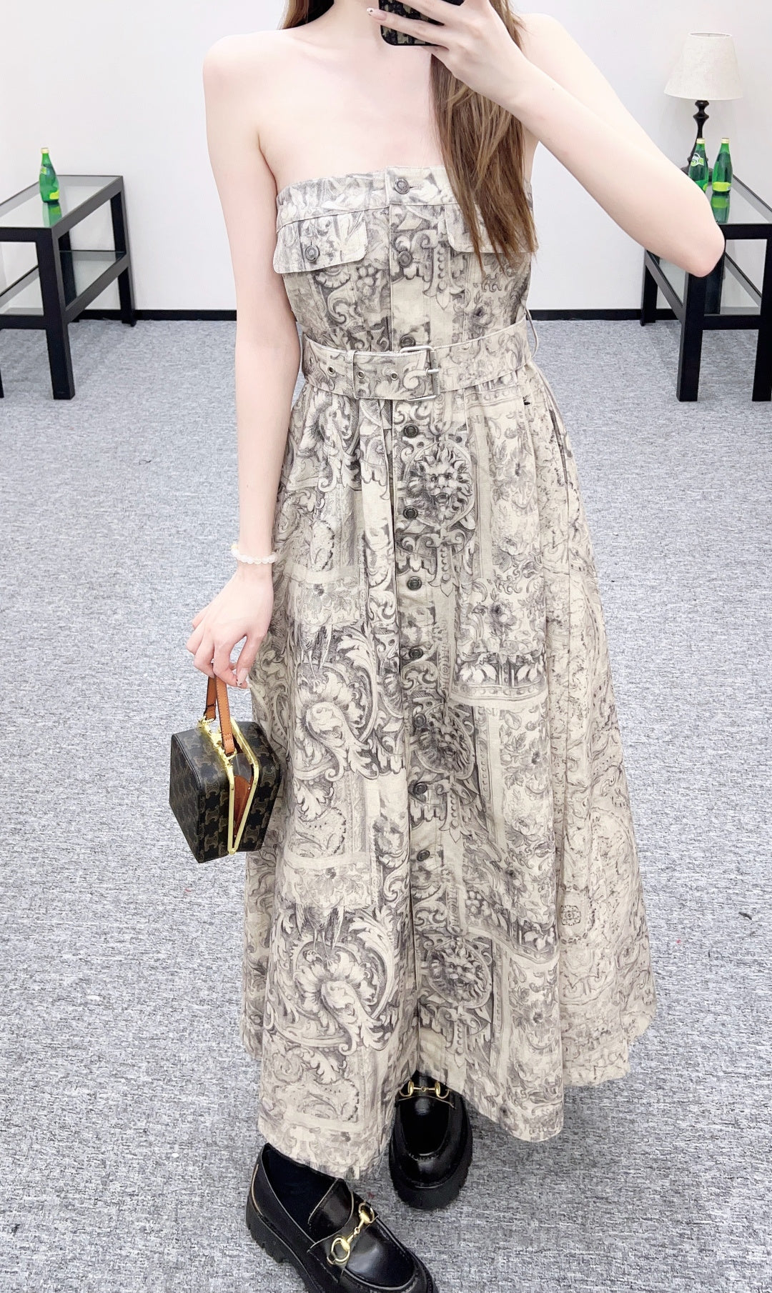 Printed Denim Strapless Dress