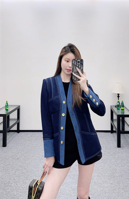 Vintage Denim Patchwork Wool Coat