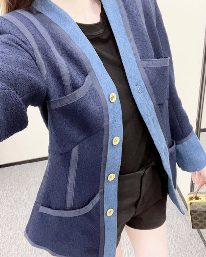 Vintage Denim Patchwork Wool Coat