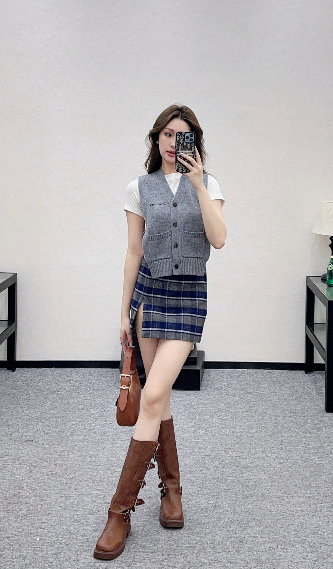 Plaid Wool Slit Mini Skirt