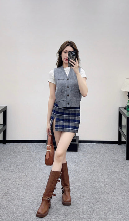 Plaid Wool Slit Mini Skirt