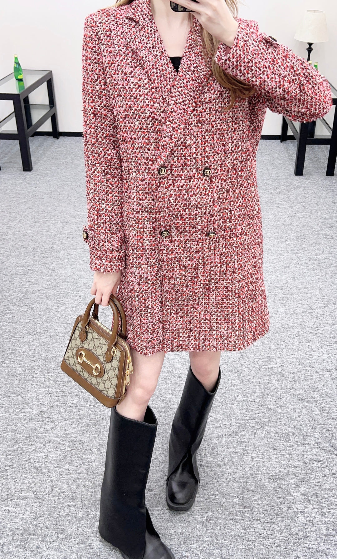 Plaid Tweed Collared Dress Coat