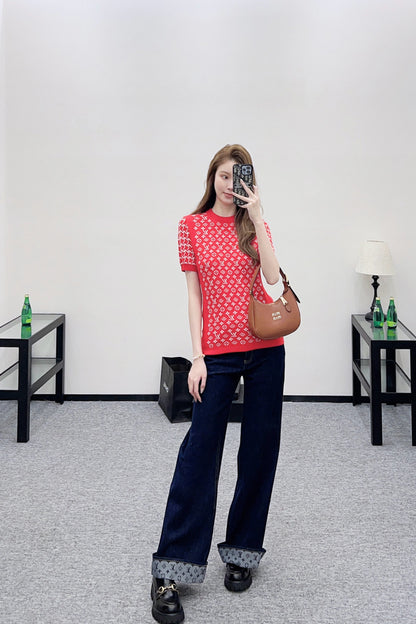 Jacquard Short-Sleeve Sweater
