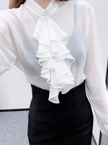 Stacked Cake Collar Silk Shirt