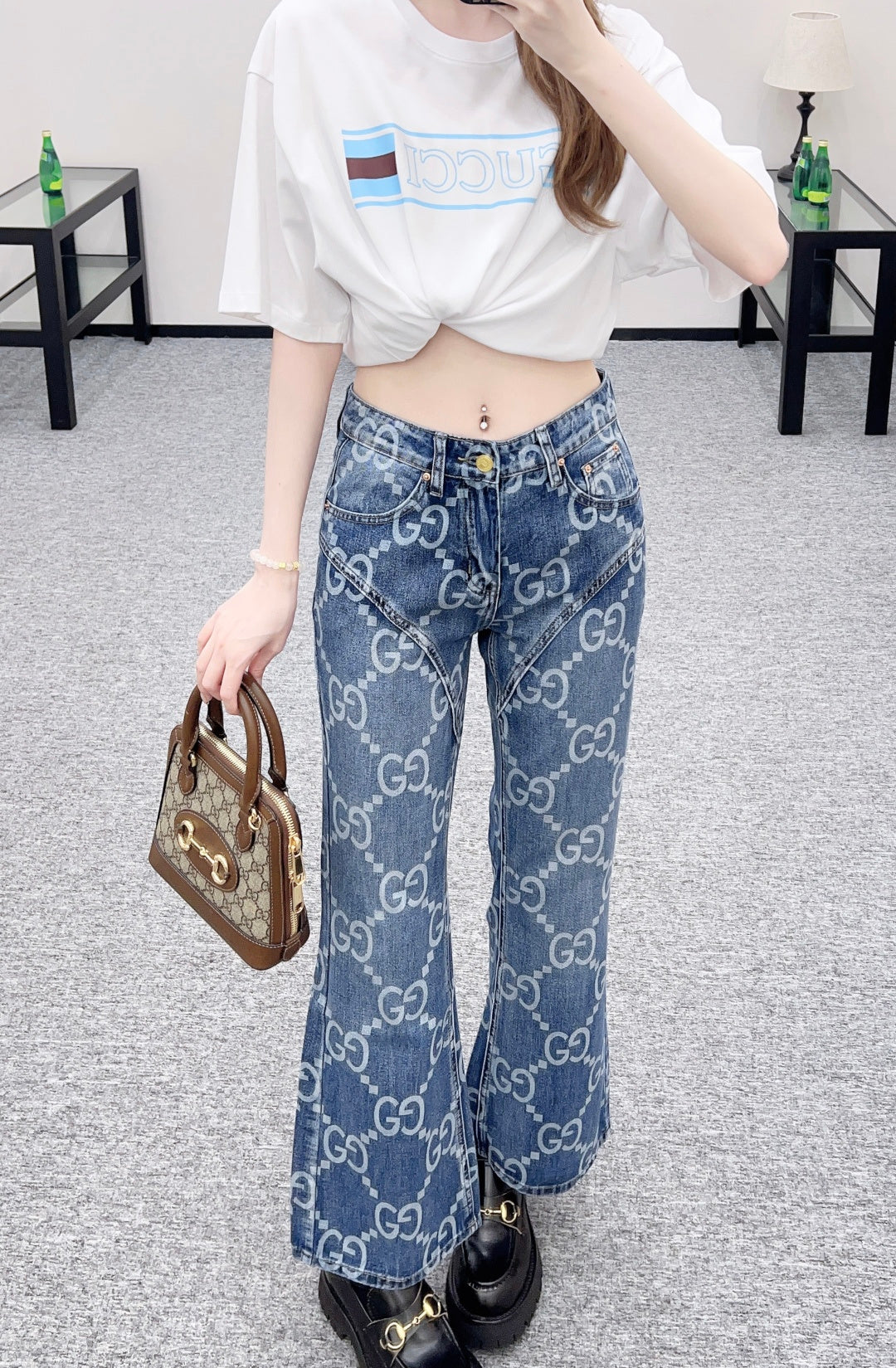 Printed Flared Denim Pants