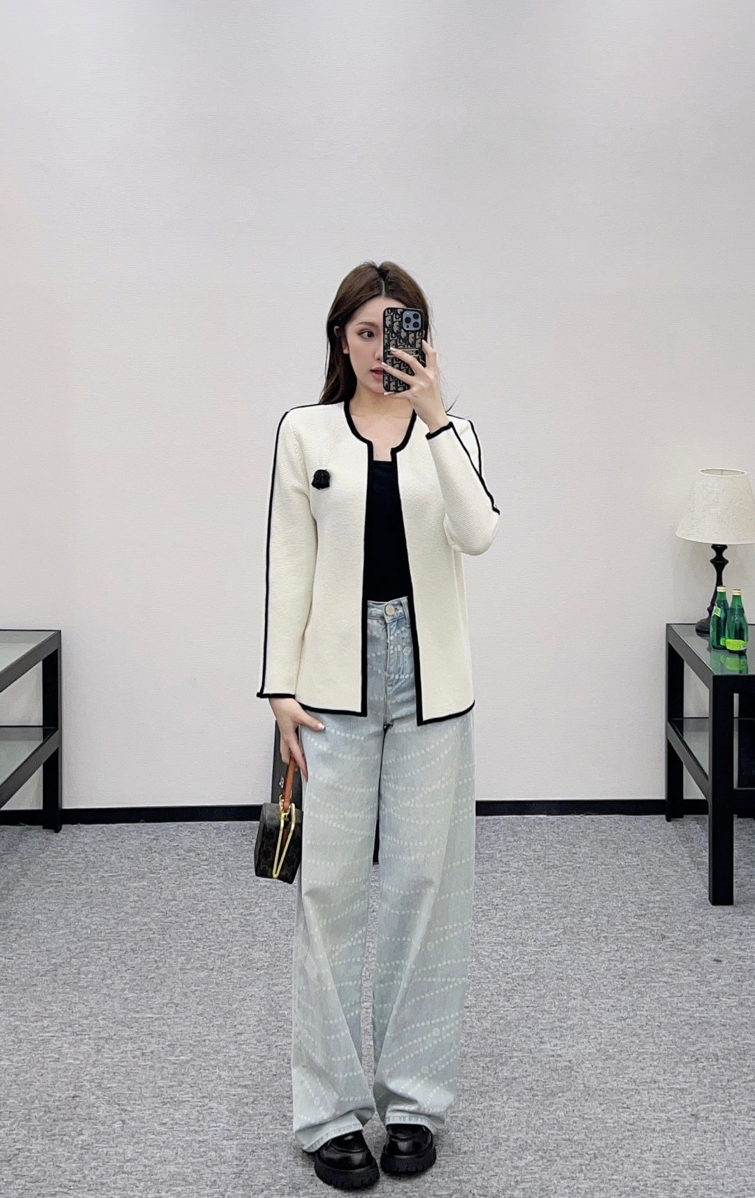 Color-Blocked Cardigan with Brooch