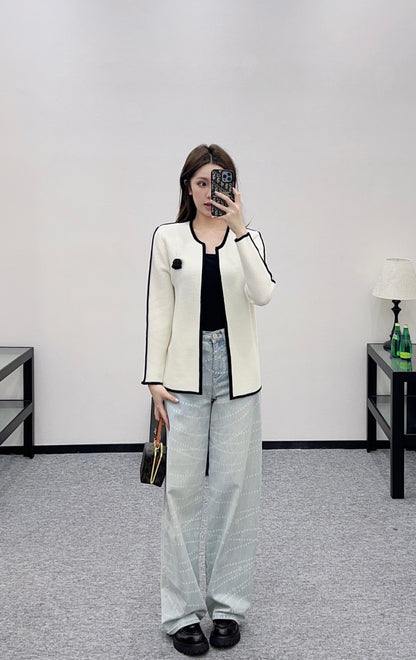 Color-Blocked Cardigan with Brooch