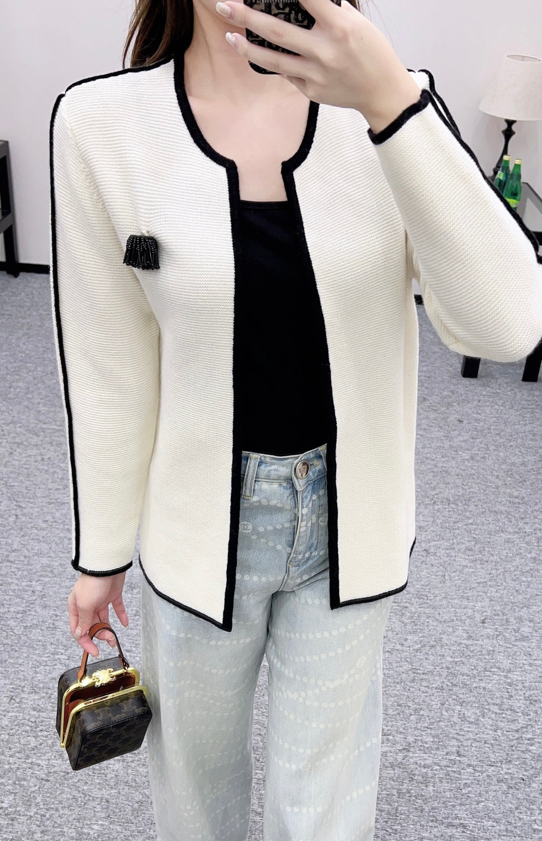 Color-Blocked Cardigan with Brooch