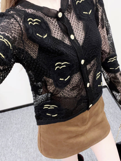 Hollow-out floral embroidered cardigan