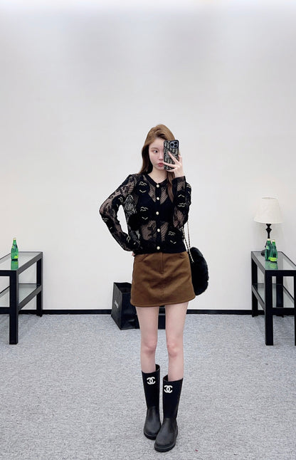 Hollow-out floral embroidered cardigan