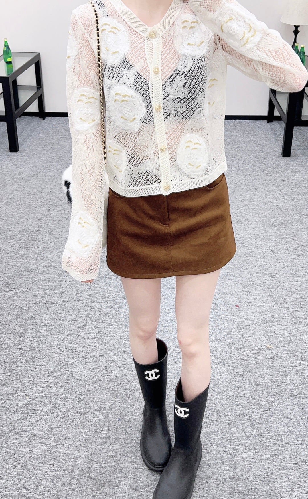 Hollow-out floral embroidered cardigan