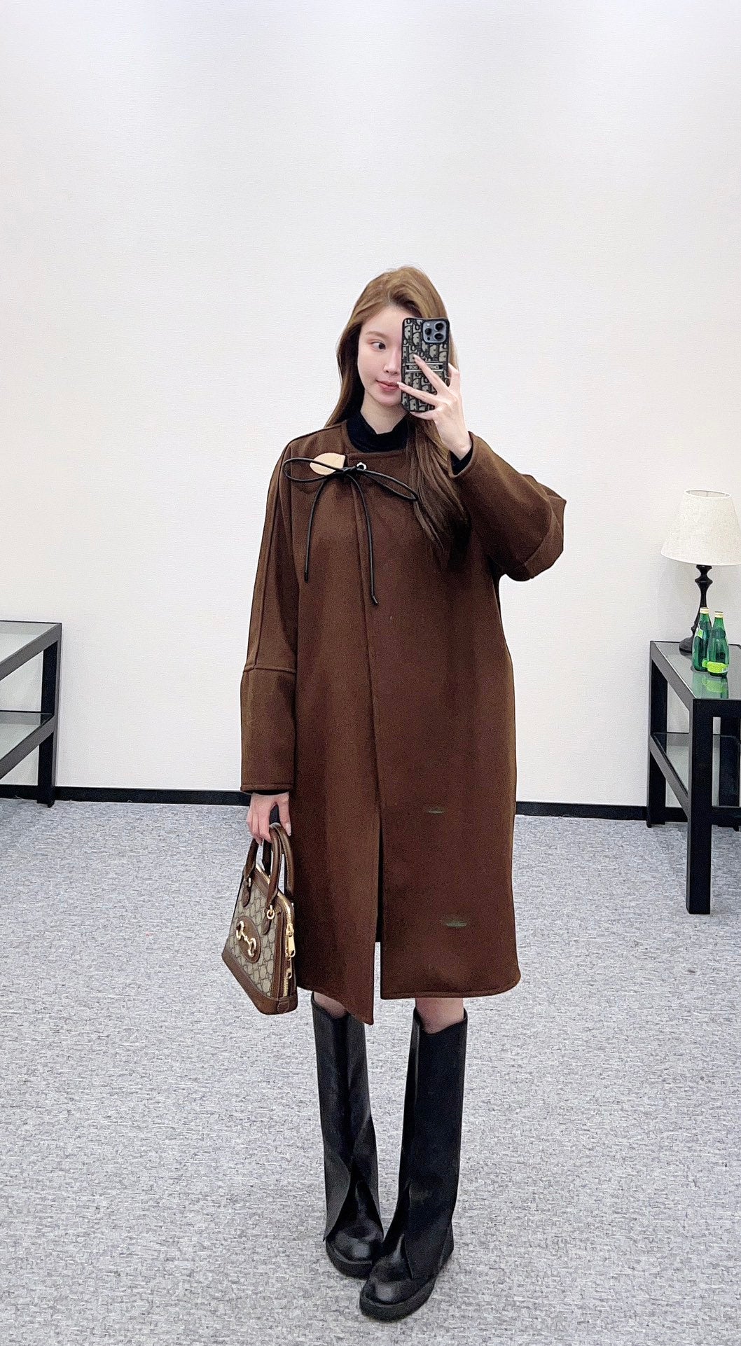 Asymmetrical Bow-Tie Leather Cord Coat