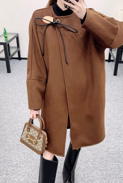 Asymmetrical Bow-Tie Leather Cord Coat