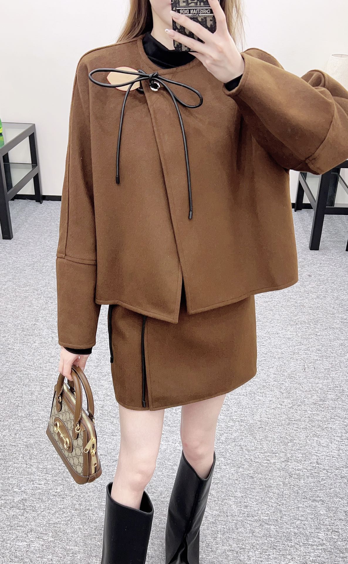 Leather cord midi skirt