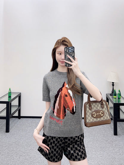 Jacquard Horsehead Short-Sleeve Sweater