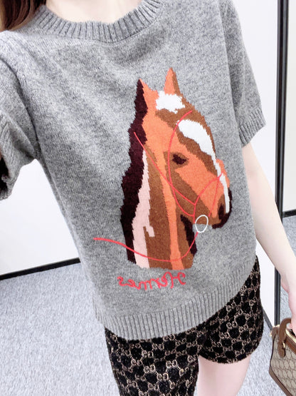 Jacquard Horsehead Short-Sleeve Sweater