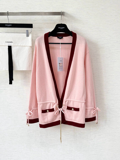 Pure wool cardigan with custom color and dyeing, contrasting color splicing, drawstring