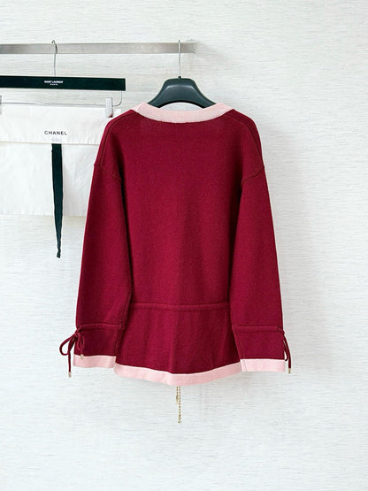 Pure wool cardigan with custom color and dyeing, contrasting color splicing, drawstring