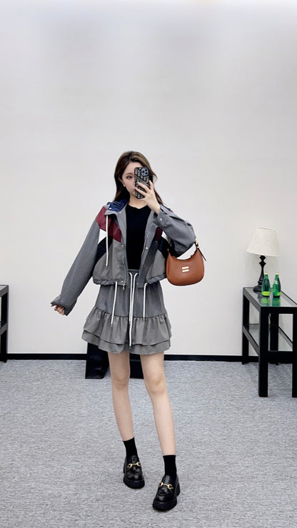 Hooded Color-Blocked Zipper Mini Skirt