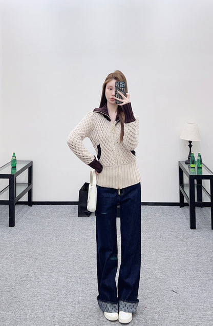 Openwork Collar Knit Zip-Up Cardigan