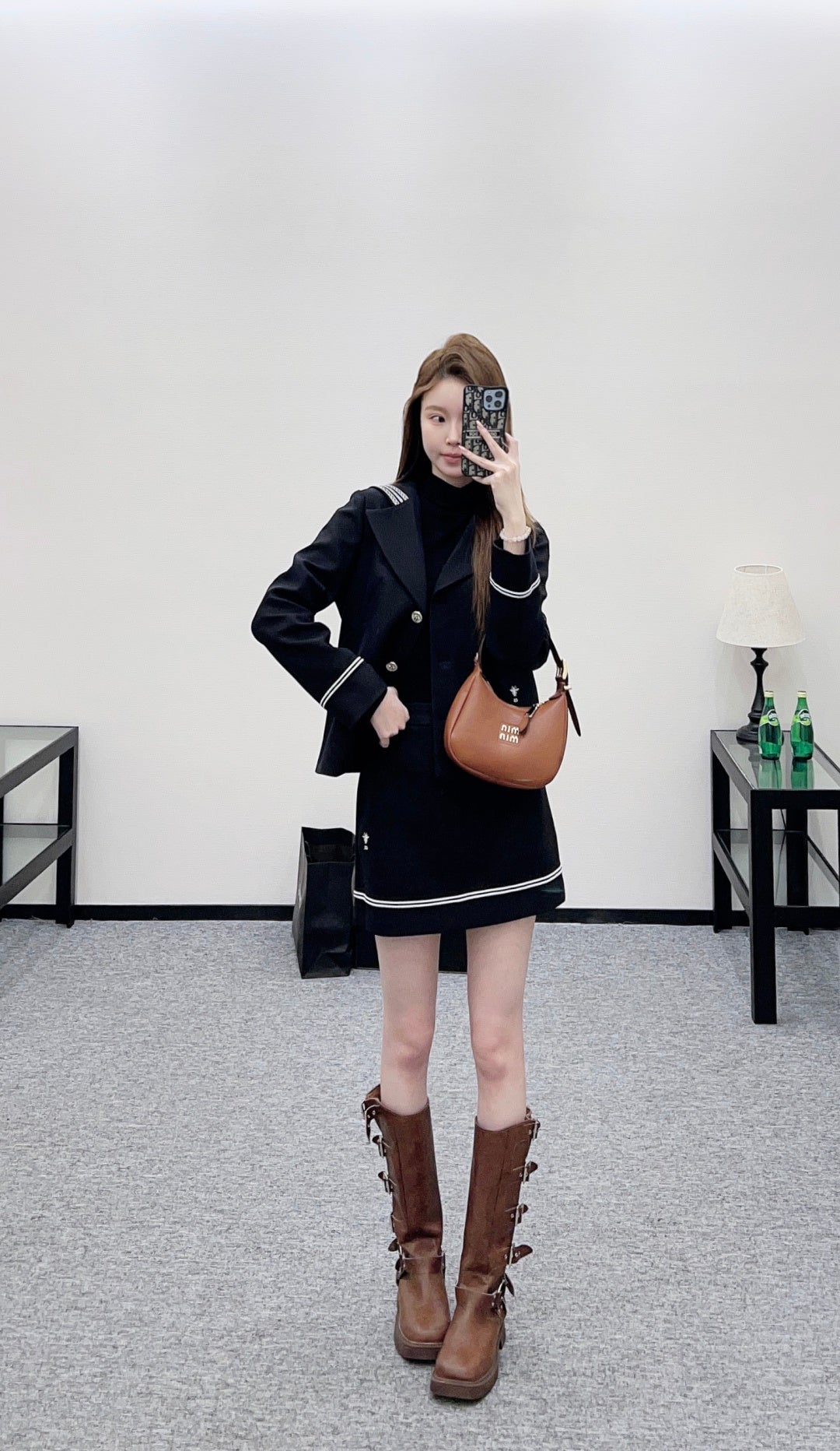 Navy Collar Jacket and Skirt Set