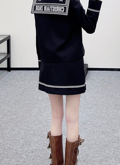 Navy Collar Jacket and Skirt Set
