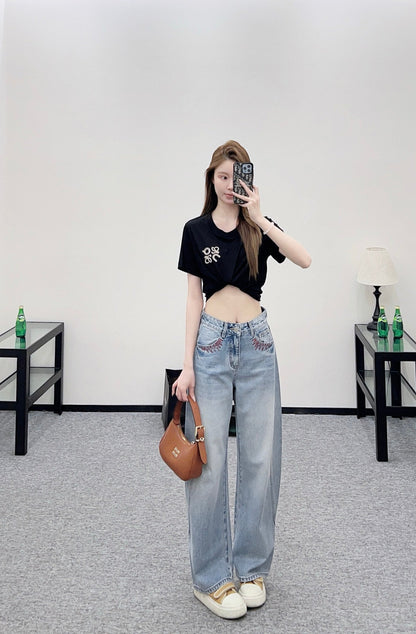 Embroidered Denim Curved Blade Pants