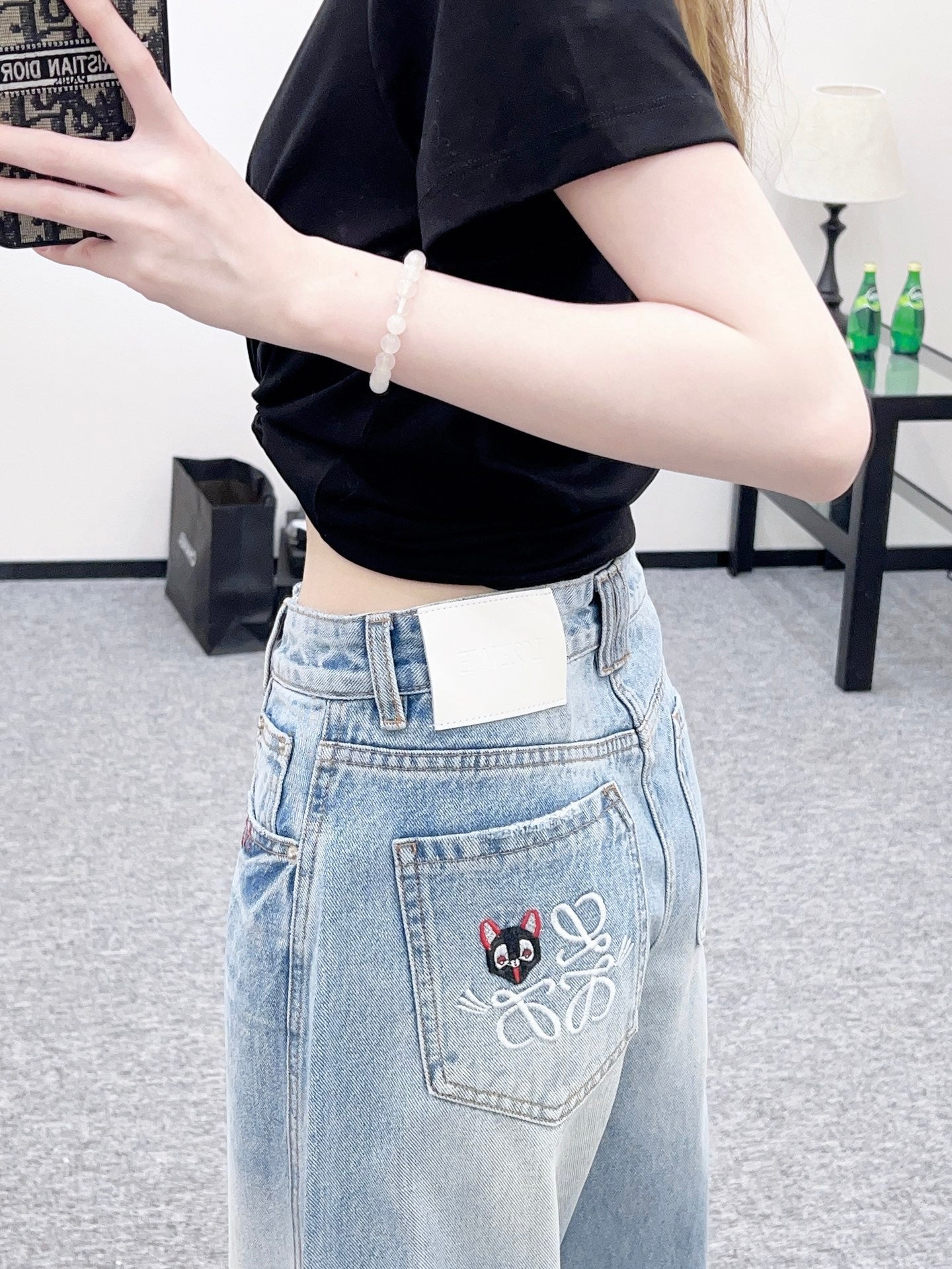 Embroidered Denim Curved Blade Pants