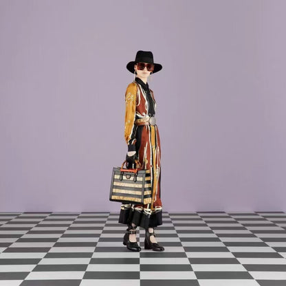3D Ribbon Print Silk Dress