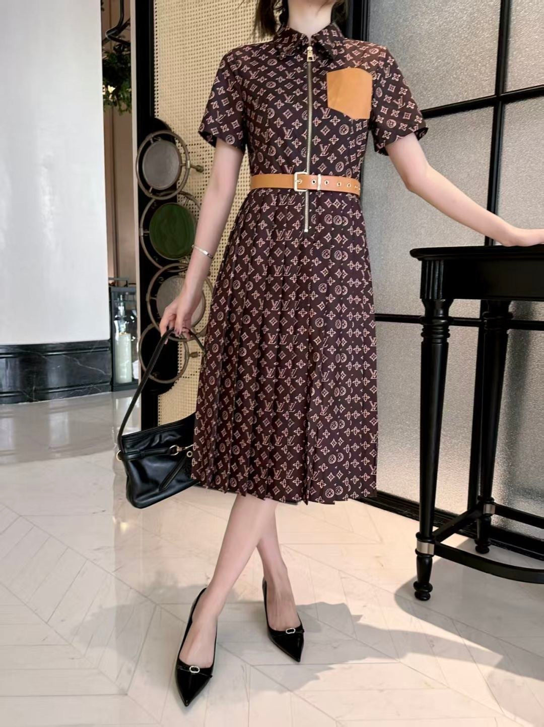Printed Long Pleated Dress