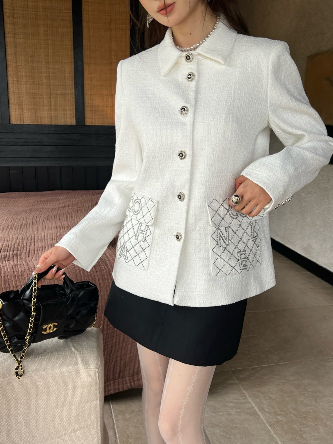 Woven Tweed Mid-Length Coat