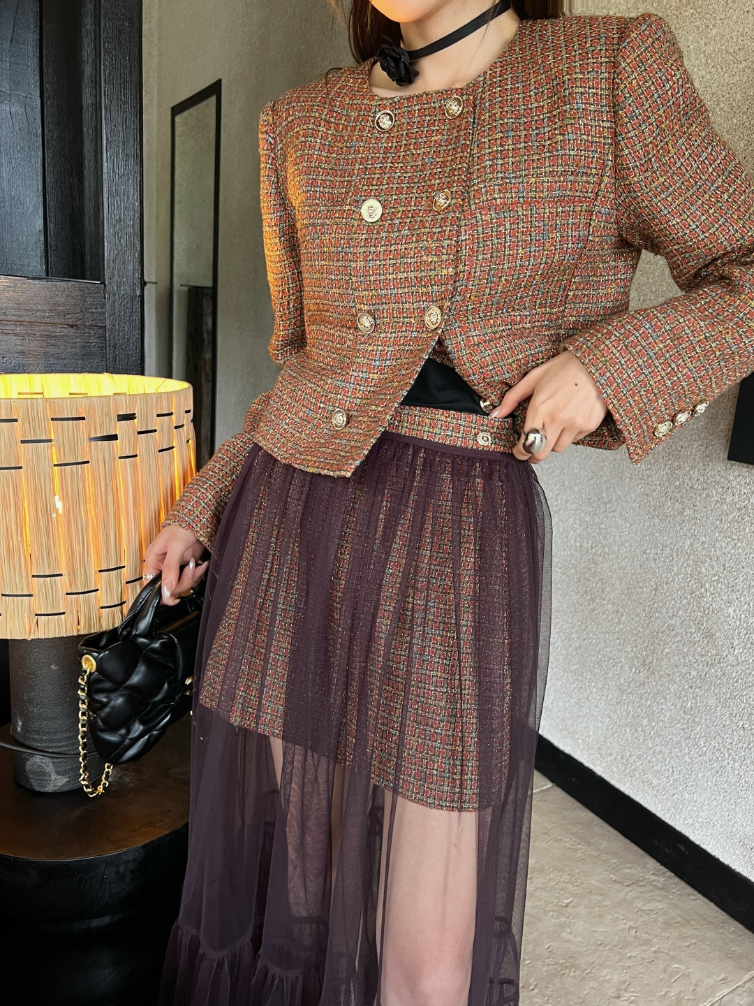 Woven Crew Neck Cardigan