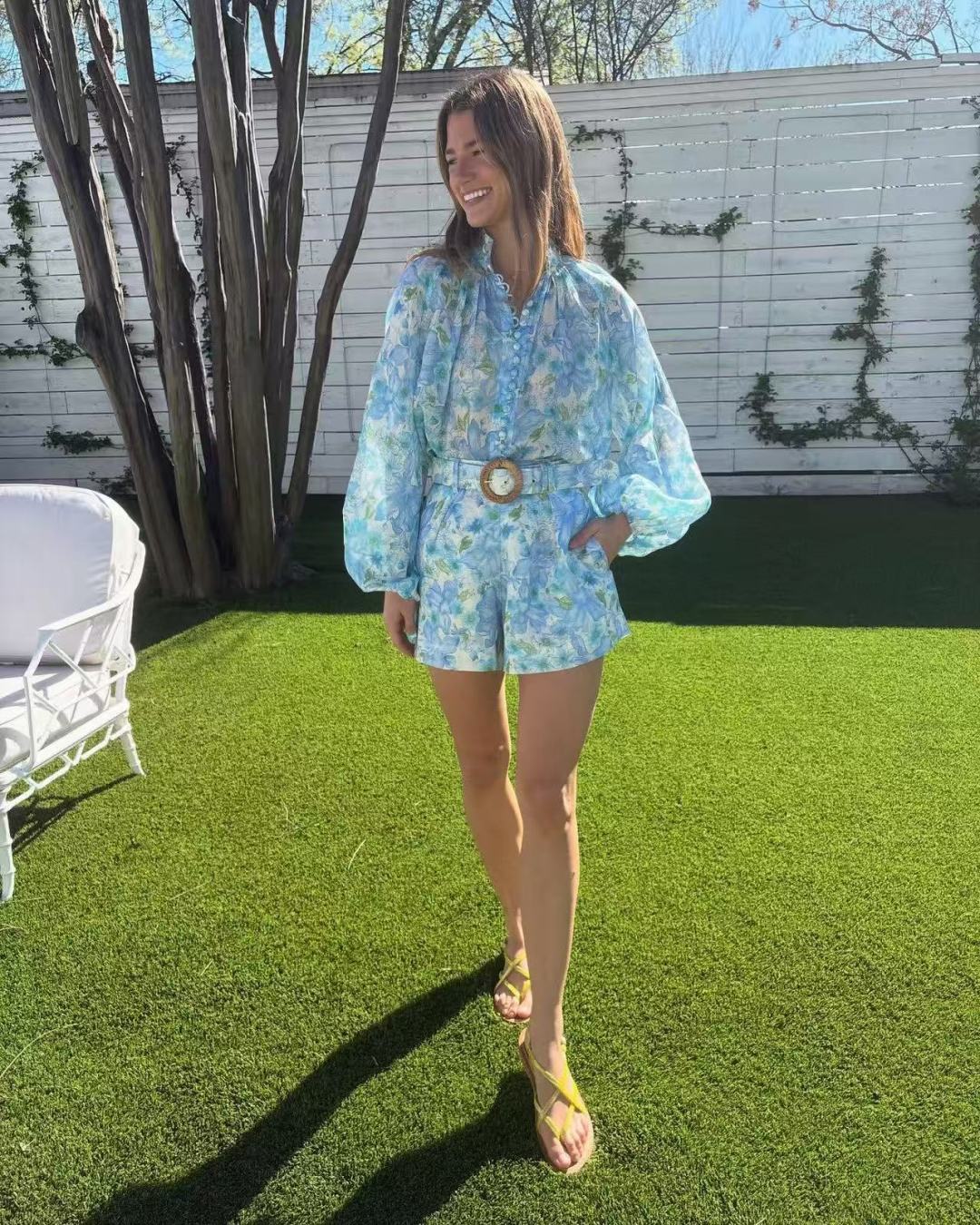 Printed Shirt/Belted Shorts
