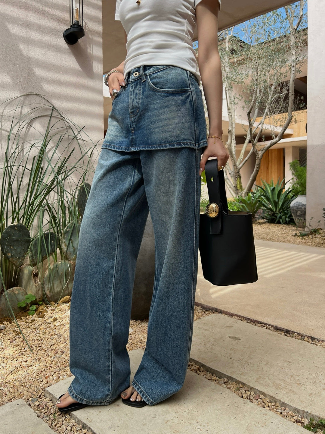 Faux Two-Piece Denim Pants