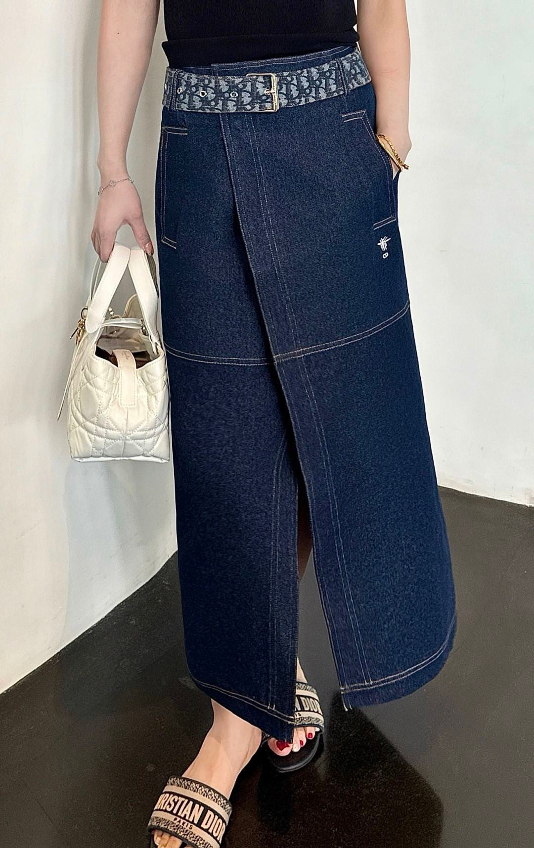 Monogram Canvas Belt Denim Midi Skirt