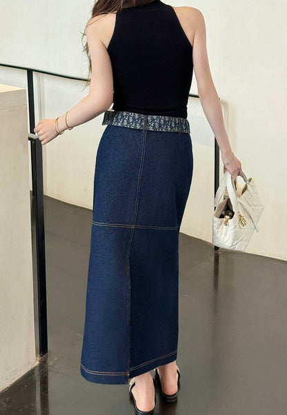 Monogram Canvas Belt Denim Midi Skirt