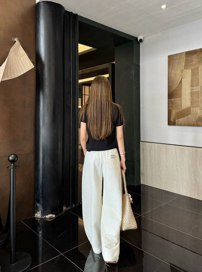Pure Cotton Curved Wide-Leg Pants