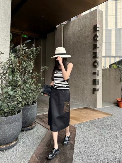 Pocket Appliqué Midi Skirt
