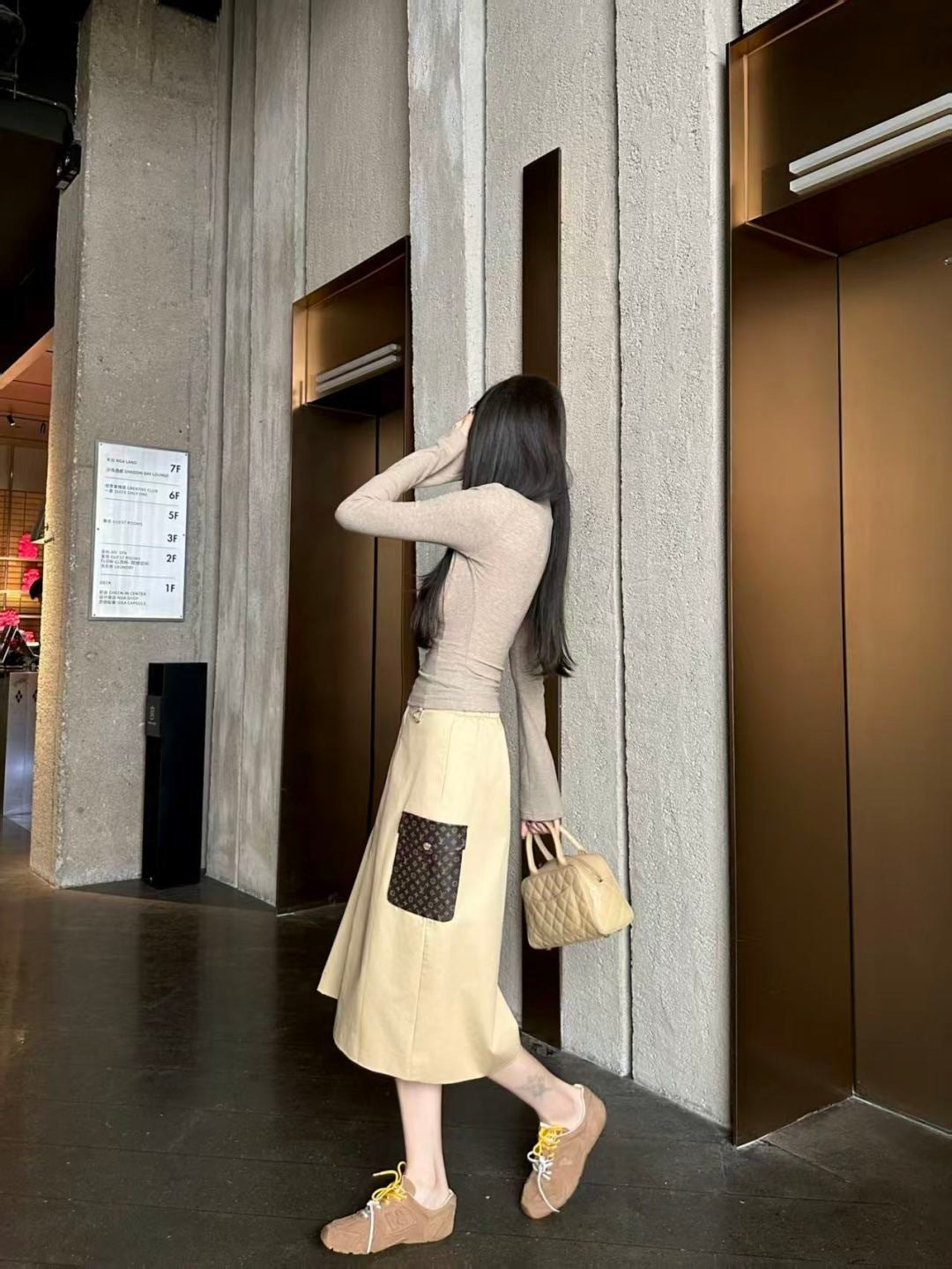 Pocket Appliqué Midi Skirt